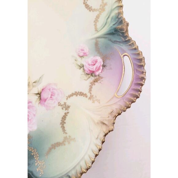 Beautiful Vintage RS PRUSSIA Red Mark Porcelain 11" Cake Plate Pink Roses Gold - Picture 3 of 9